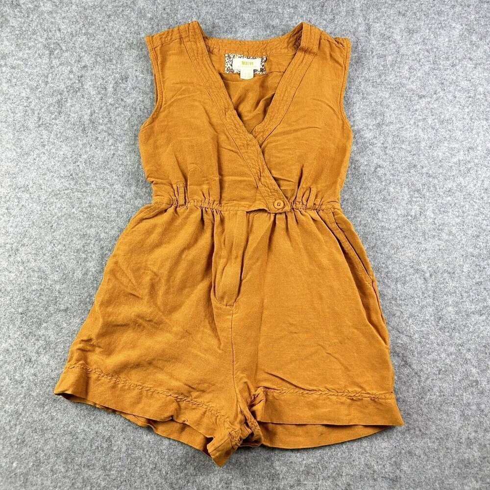 Anthropologie Maeve Luana Romper Women 0 Golden Linen Blend Boho Pockets NO BELT